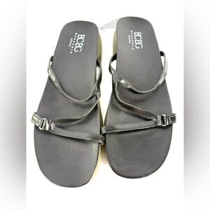 BCBG Black Leather Strappy Slide Sandals